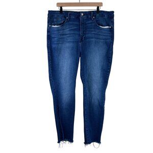 Good American Dark Wash Good Waist High Rise Raw Hem Jeans